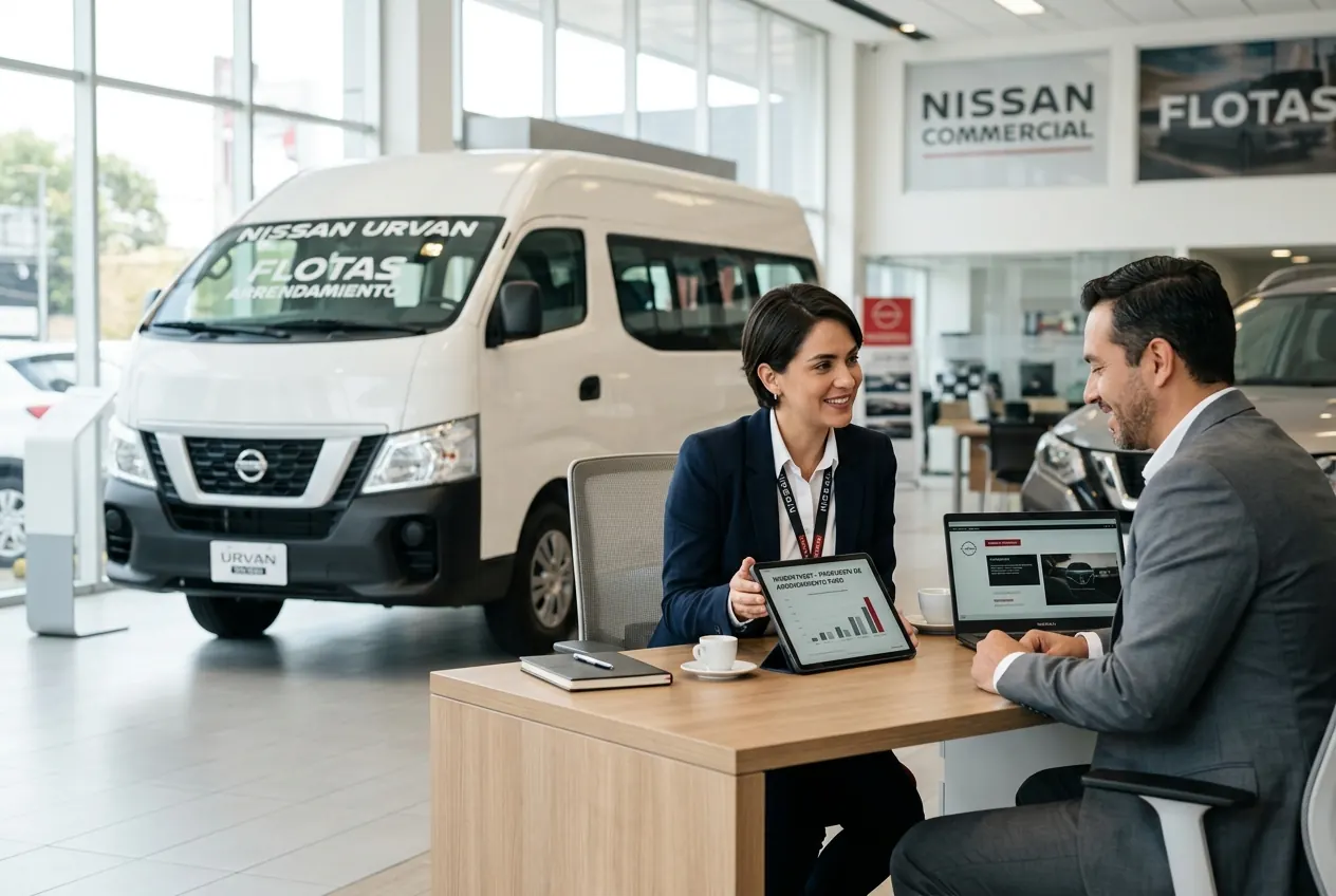 Asesor comercial cotizando Nissan Urvan para arrendamiento puro en México, proceso rápido de atención empresarial y propuesta vehicular en menos de 24 horas.