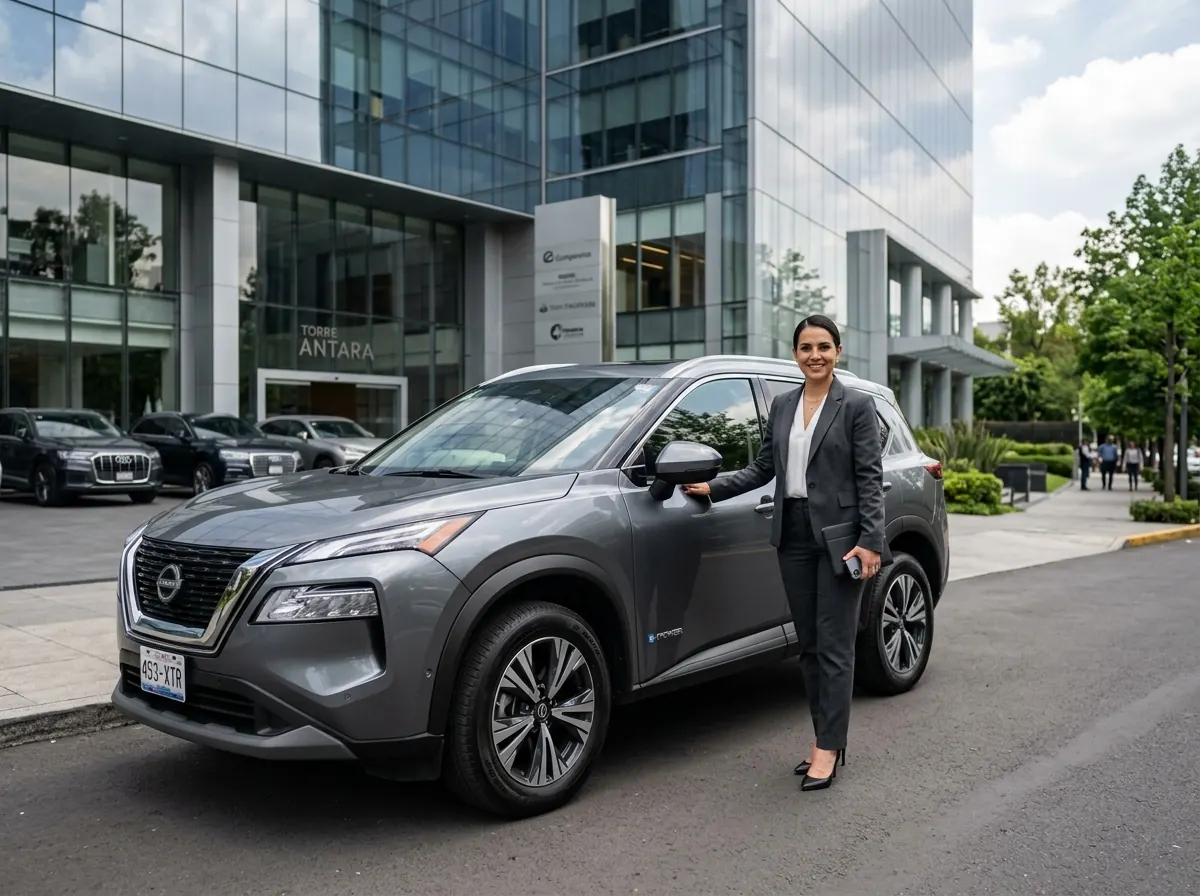 Ejecutiva con SUV Nissan X-Trail en esquema de leasing vehicular para empresas