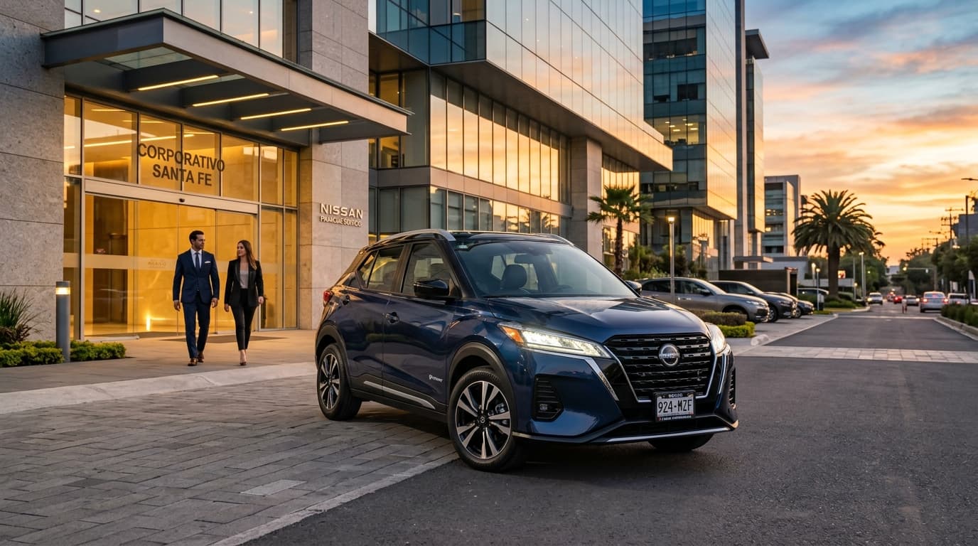 Arrendamiento puro Nissan Kicks 2026 en México, SUV compacta con diseño atrevido frente a oficinas corporativas