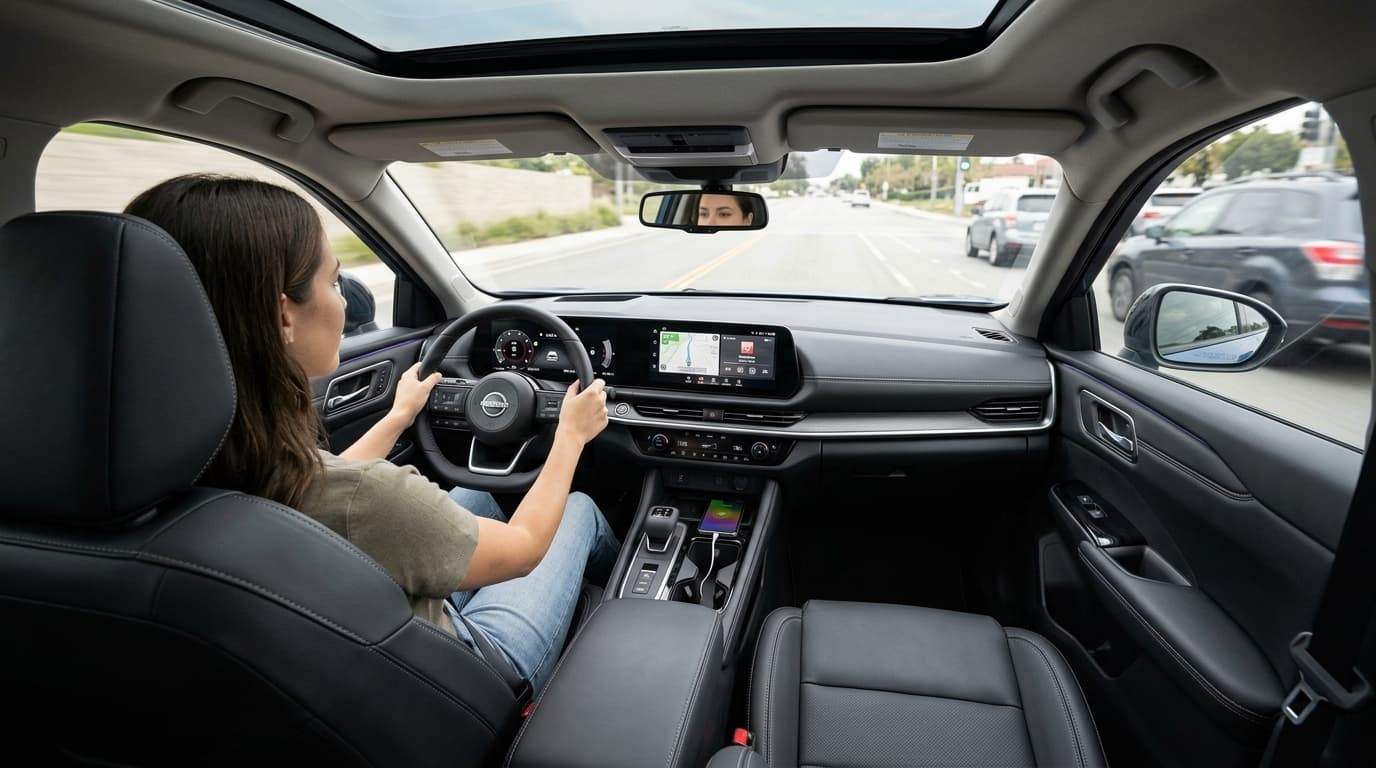 Interior digital de Nissan Kicks 2026 con volante a la izquierda en México