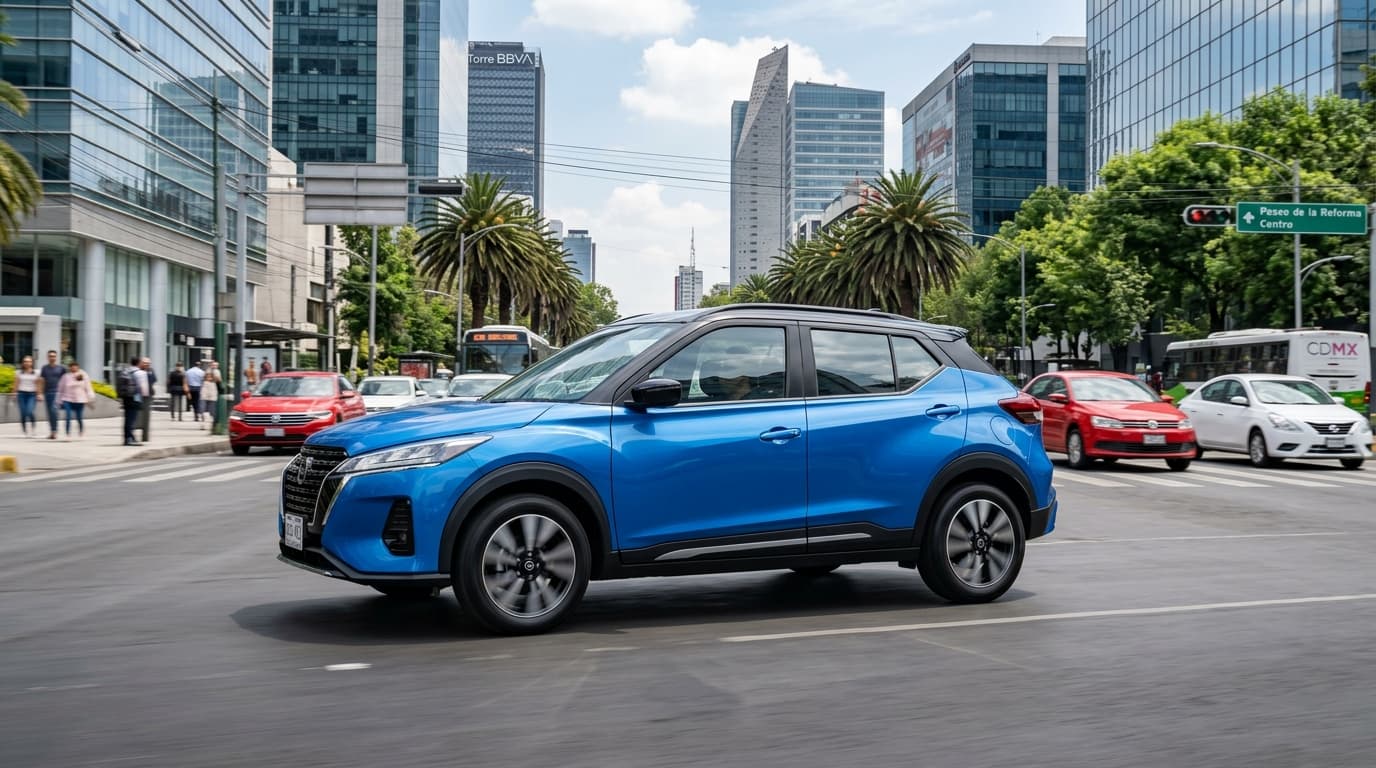 Nissan Kicks 2026 en arrendamiento recorriendo calles de Ciudad de México, SUV compacta con líneas modernas y rines de aleación para uso urbano