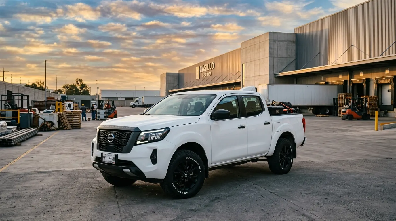 Nissan NP300 blanca para arrendamiento puro en México estacionada en parque industrial, pickup de trabajo ideal para empresas, flotillas y operaciones logísticas.