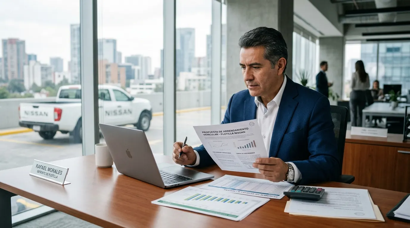 Gerente revisando arrendamiento puro de Nissan NP300 con enfoque en deducibilidad fiscal, control financiero y optimización de flotillas en México.