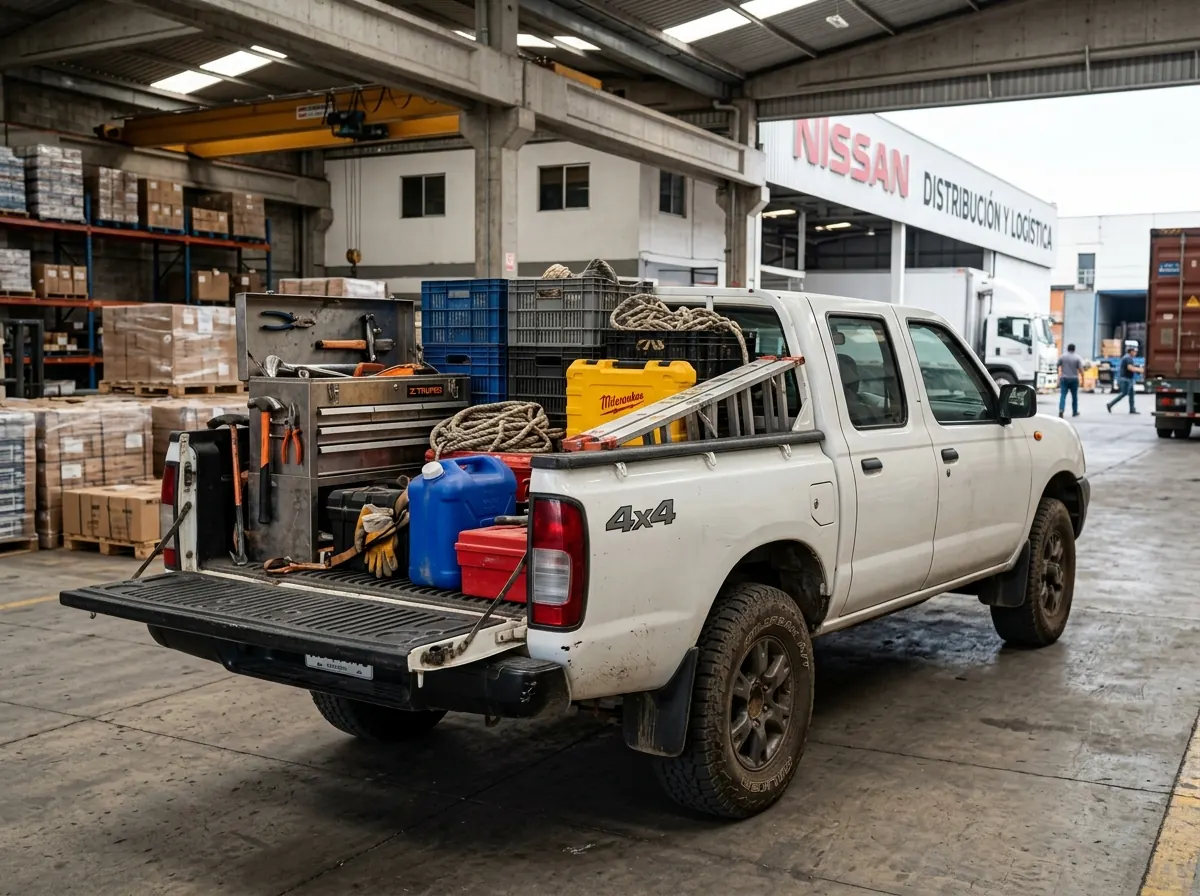 Nissan NP300 con carga de herramientas y cajas industriales, pickup de alta capacidad para reparto, mantenimiento y operaciones empresariales en México.
