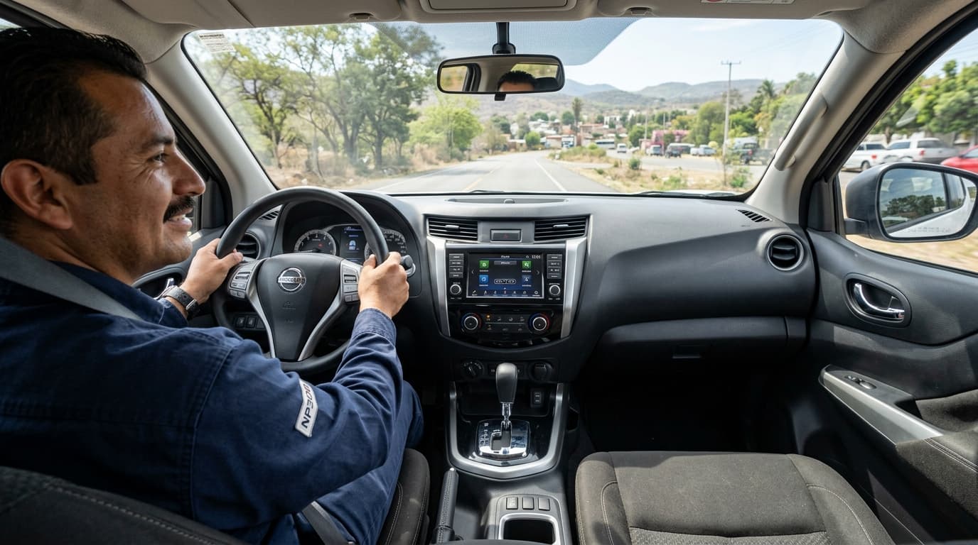 Interior de Nissan NP300 con volante a la izquierda para operación en México