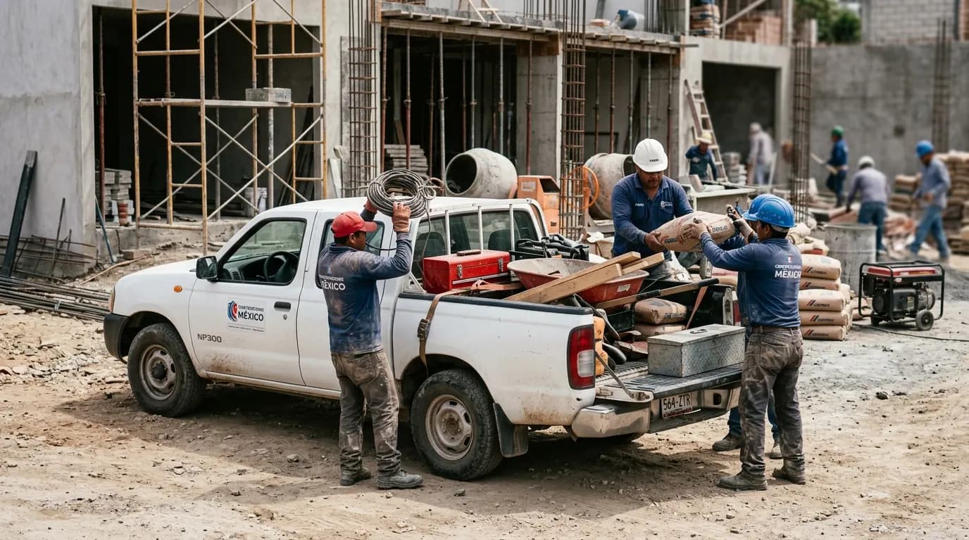 Nissan NP300 de trabajo en obra de construcción en México, pickup operativa para empresas, servicios técnicos y arrendamiento puro para PyMEs.