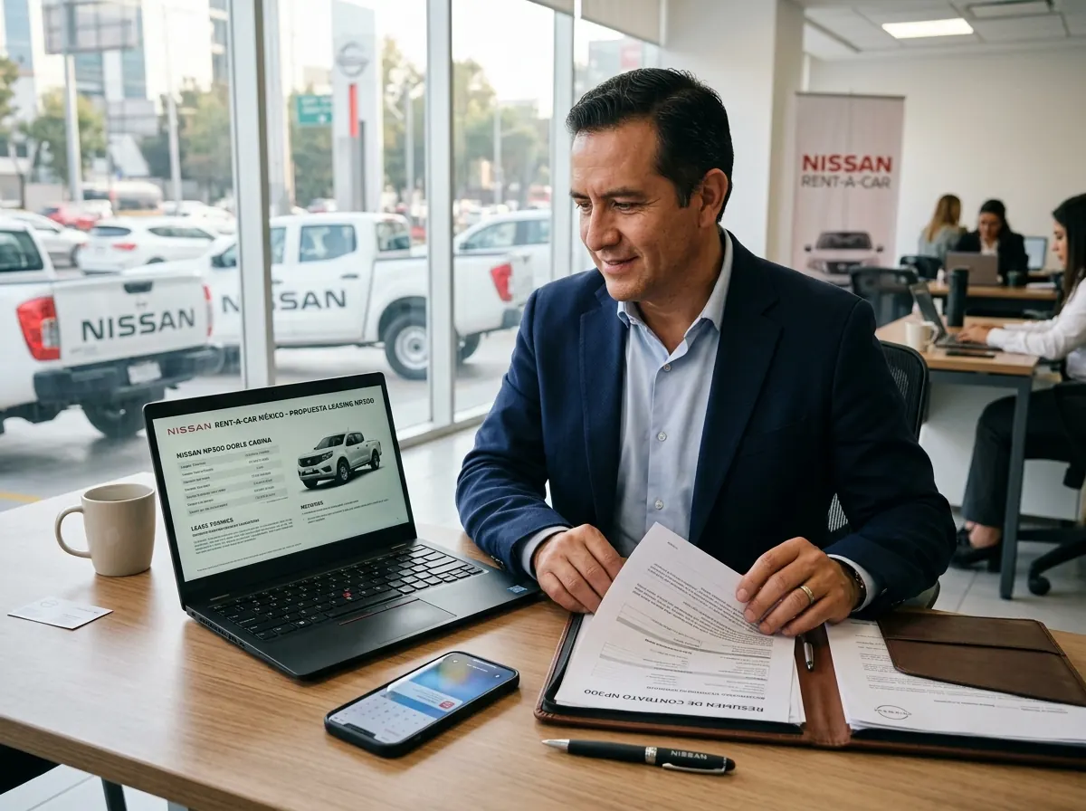 Proceso de contratación de arrendamiento puro para Nissan NP300, cliente empresarial revisando documentos y propuesta comercial en línea.