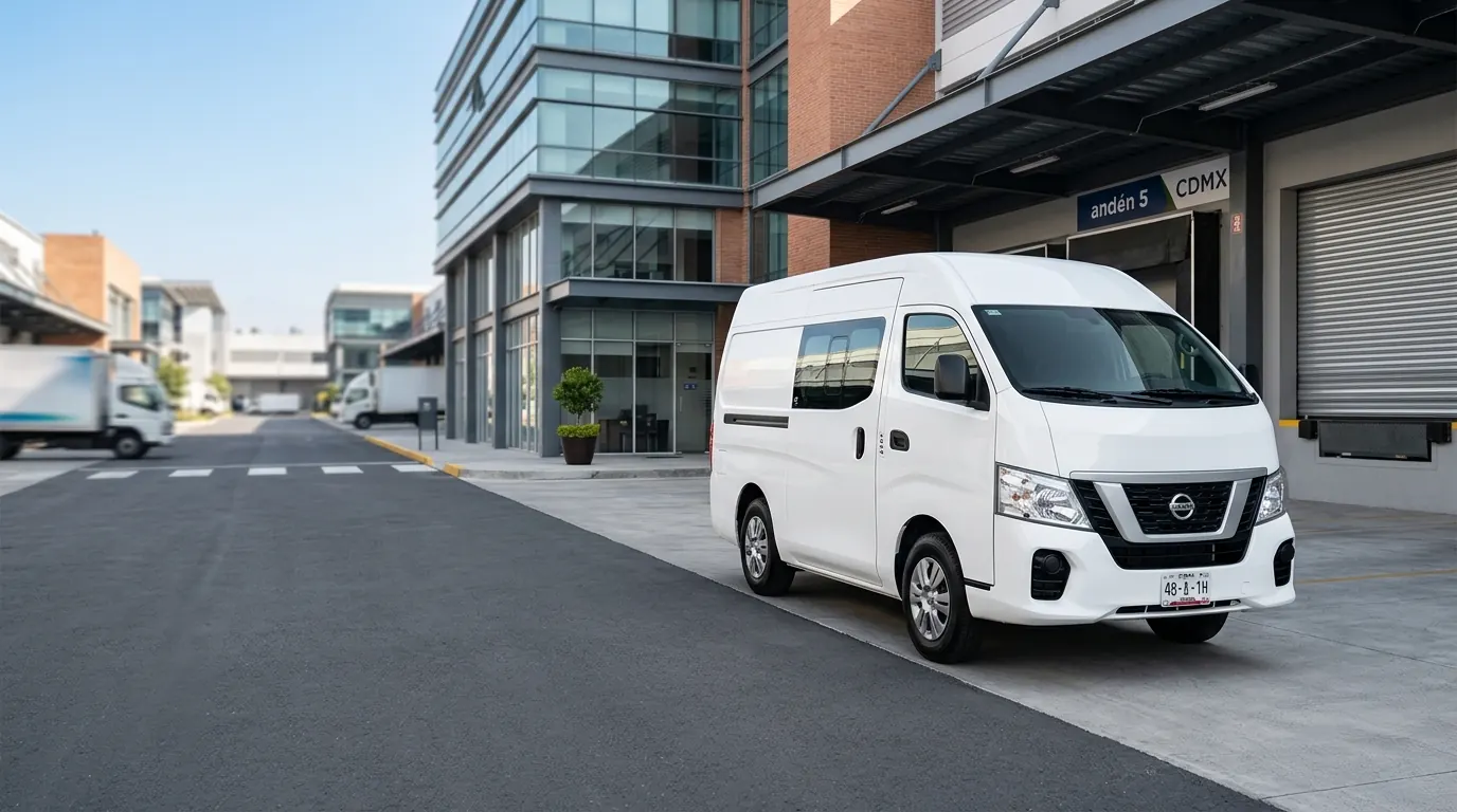 Nissan Urvan blanca para arrendamiento puro en México estacionada en entorno corporativo y logístico, ideal para empresas de reparto, transporte de personal y flotillas.