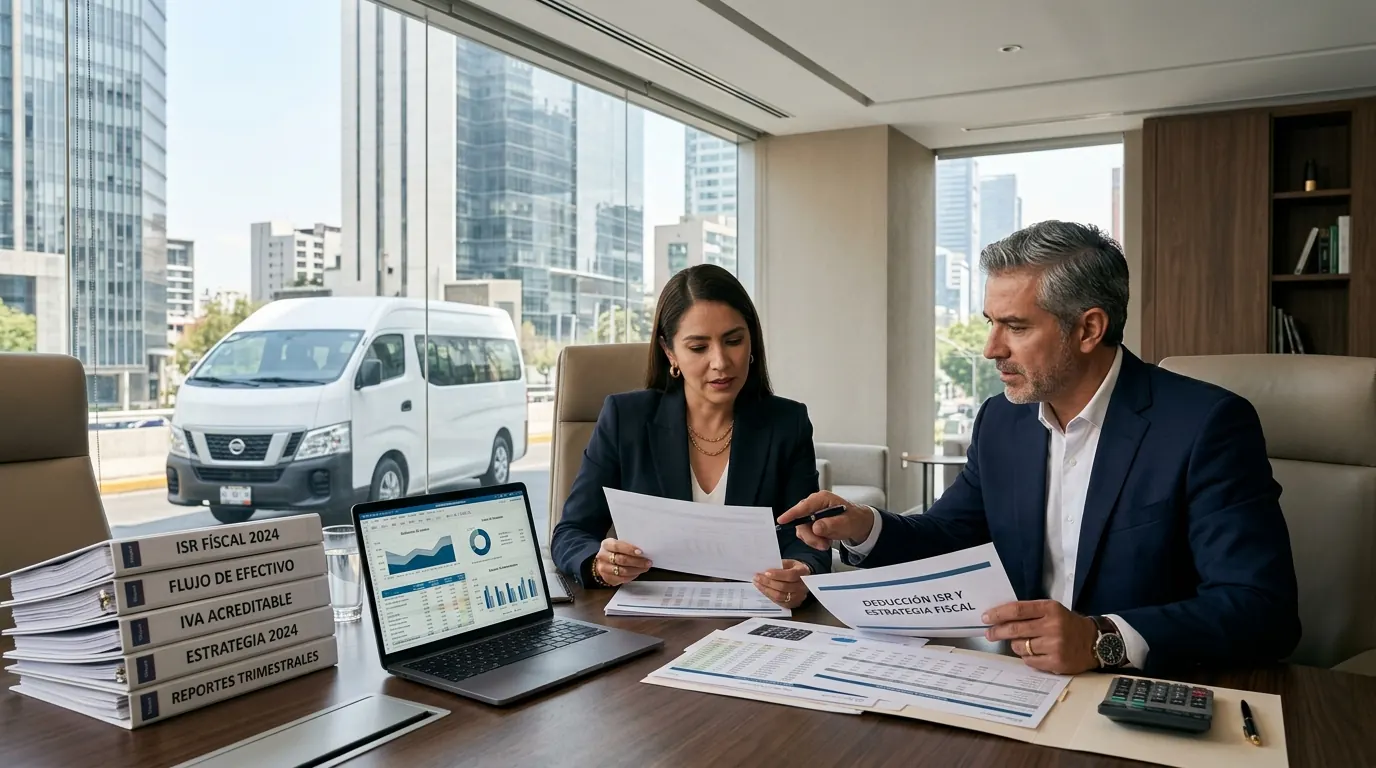Equipo administrativo revisando beneficios fiscales del arrendamiento puro de Nissan Urvan, incluyendo deducción de ISR e IVA acreditable para empresas en México.