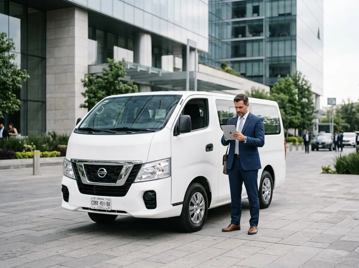 Empresario revisando arrendamiento puro de Nissan Urvan frente a oficinas, imagen que representa mensualidades fijas, uso empresarial y renovación de flotilla.