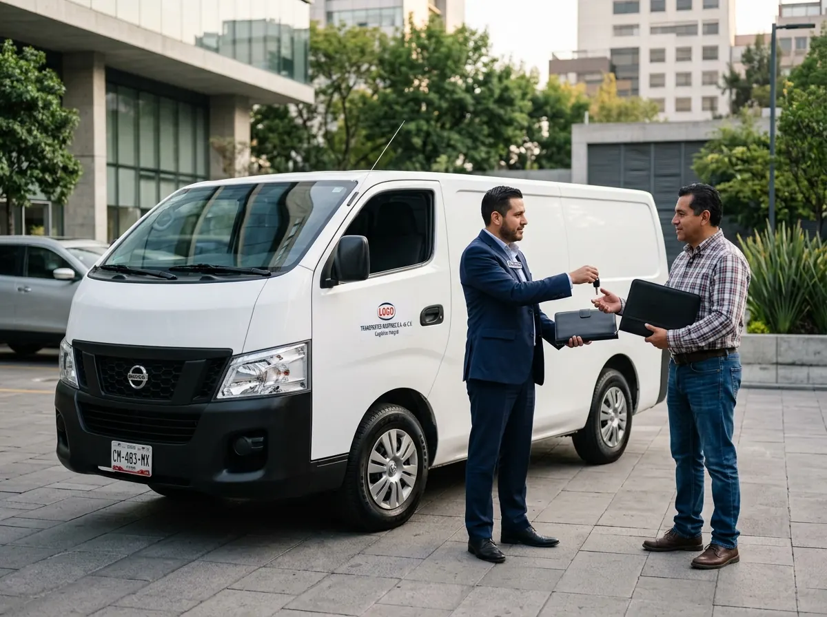 Entrega de Nissan Urvan por crédito a empresa en México, escena comercial que representa financiamiento vehicular, adquisición patrimonial y plazos flexibles.