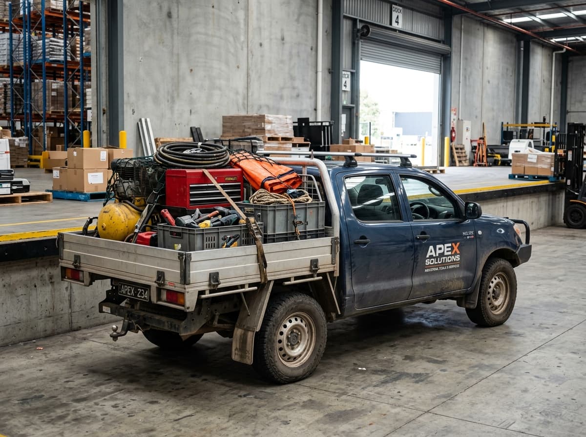 Toyota Hilux cargada con insumos de trabajo y herramientas, mostrando su batea de alta durabilidad y capacidad de carga.