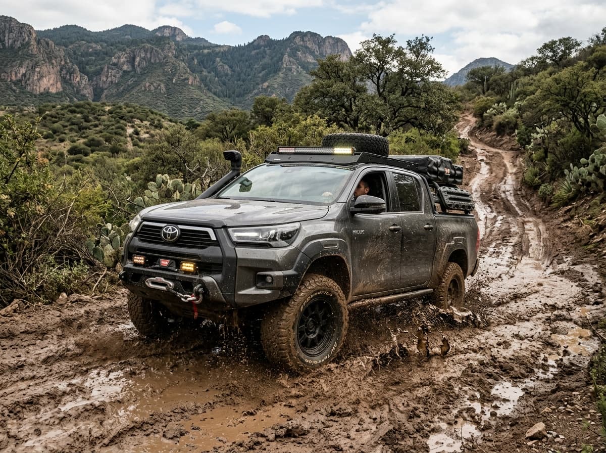 Toyota Hilux Doble Cabina Diésel 4x4 superando caminos severos de campo en México.