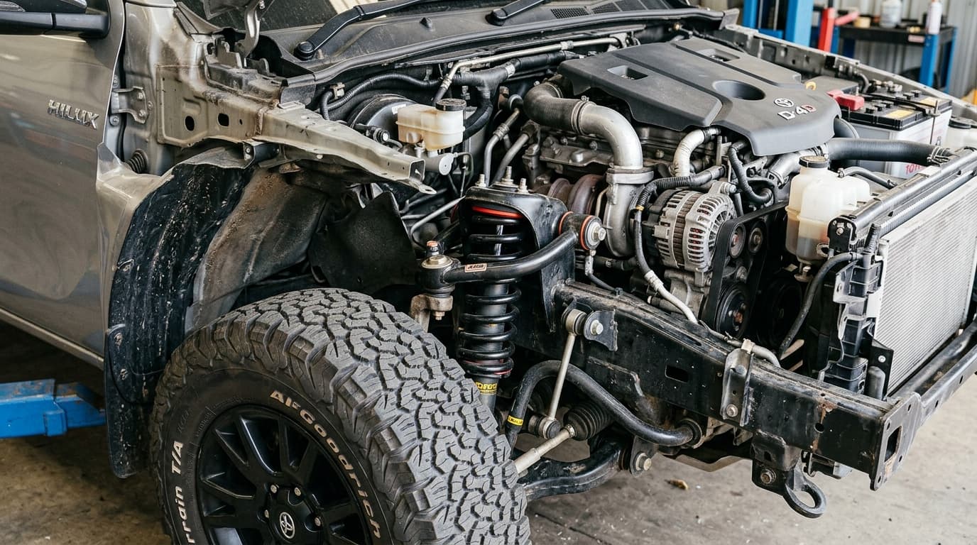 Detalle técnico de motor y chasis de Toyota Hilux, destacando durabilidad y componentes mecánicos.