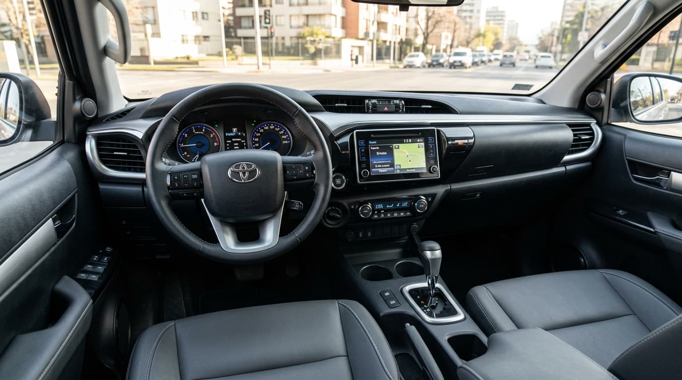 Interior de cabina de Toyota Hilux con volante multifunción y pantalla táctil de entretenimiento y conectividad.