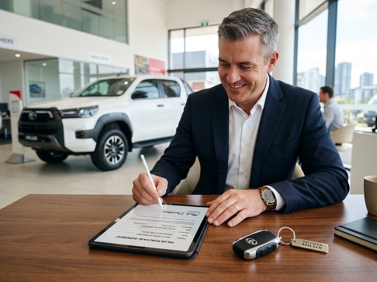 Ejecutivo de empresa revisando expediente y propuesta comercial de Toyota Hilux.