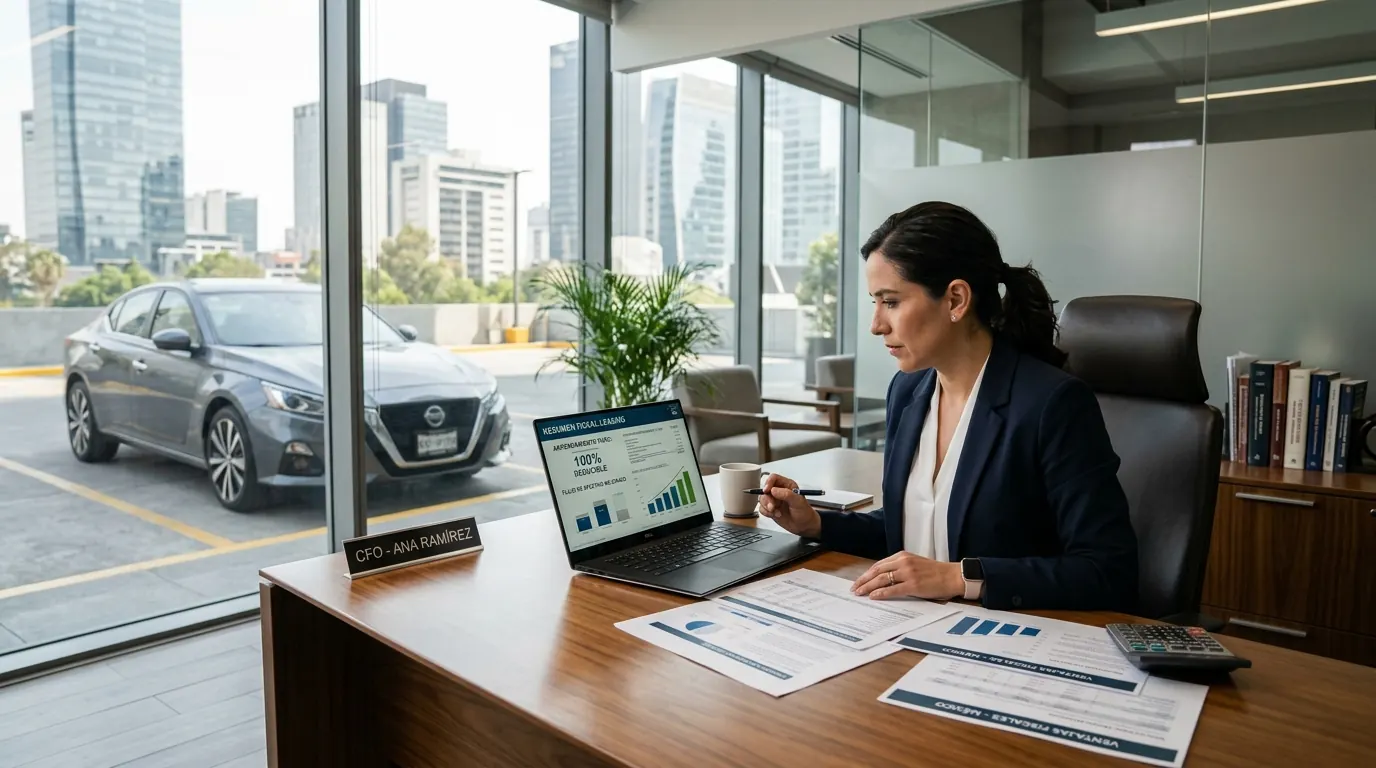 Empresario revisando beneficios fiscales del arrendamiento puro Nissan en oficina corporativa en México.