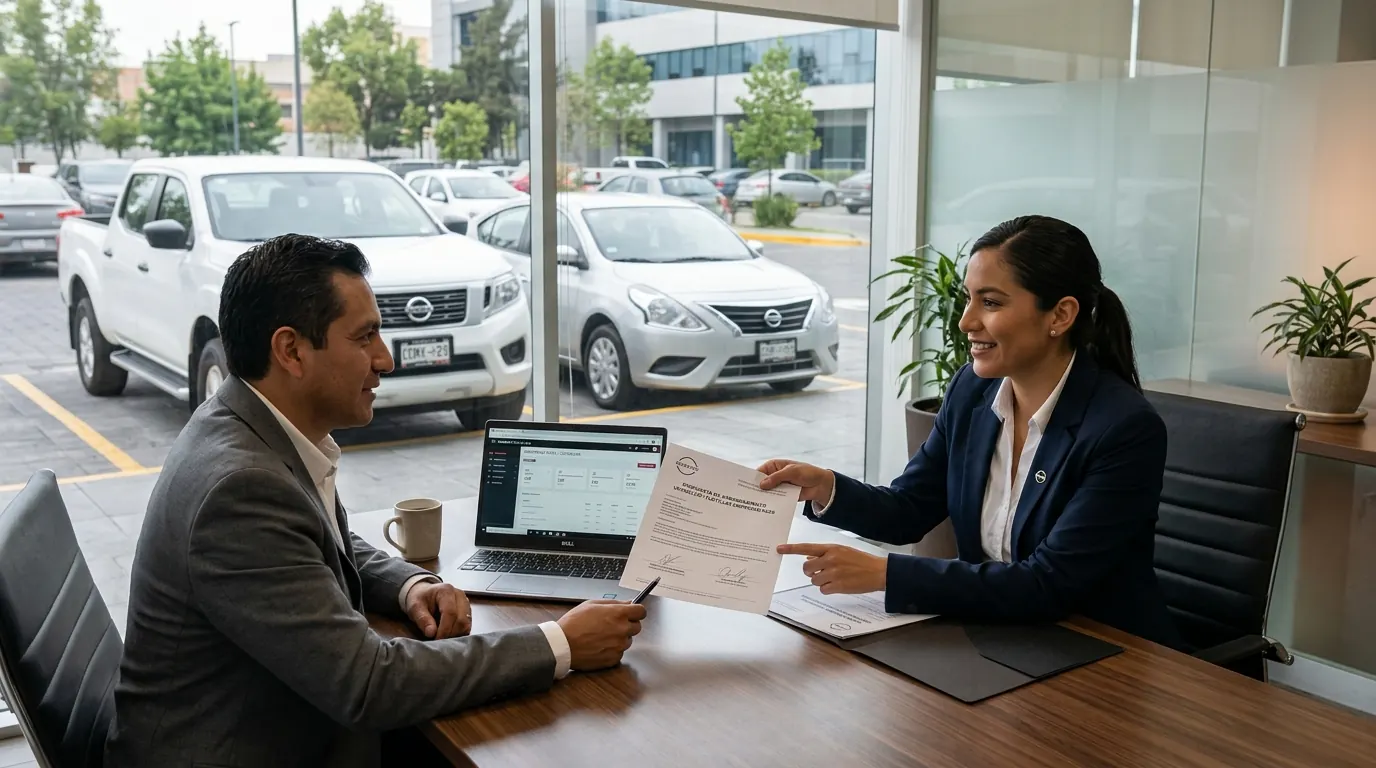 Asesor comercial mostrando propuesta de arrendamiento puro Nissan a empresa en México con vehículos Nissan al fondo.